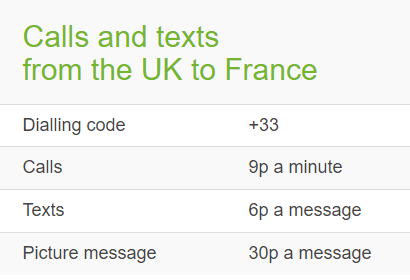 A table of 1p Mobile's rates between UK and France