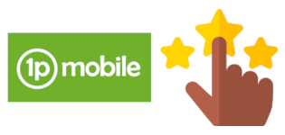 A finger pointing to rating stars next to 1pMobile logo