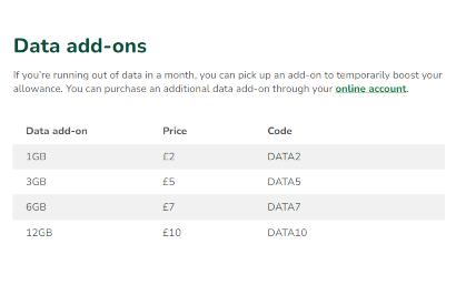 Screenshot of ASDA data add costs