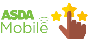A finger pointing to rating stars next to ASDA Mobile logo