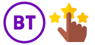 A finger pointing to rating stars next to BT logo