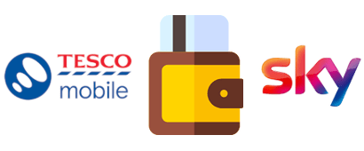 A wallet between Tesco Mobile and Sky logos