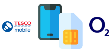 Tesco Mobile and O2 logos with a SIM card and smartphone