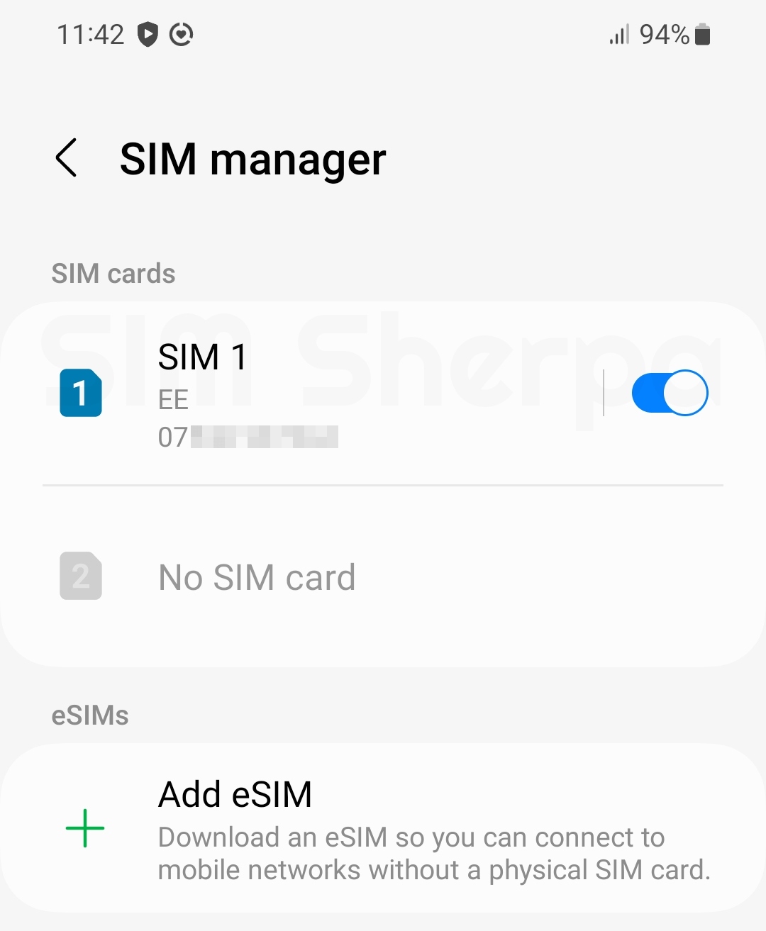 Screenshot of it saying EE SIM