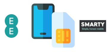 SIM card and phone with SMARTY and EE logos