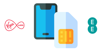 SIM card and phone with EE and Virgin logos
