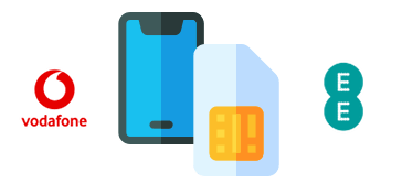 SIM card and phone with Vodafone and EE logos