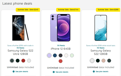 Screenshot of phones on EE website