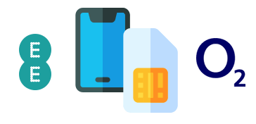 Telefone e um SIM com logotipos EE e O2