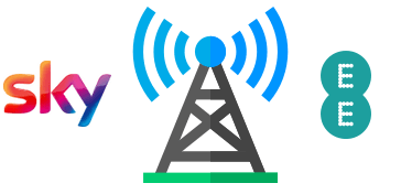Mobile mast and EE and Sky logos