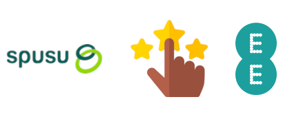 spusu and EE logos with a hand pointing at stars in between