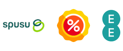 spusu and EE logos with a percent discount icon