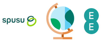 spusu and EE logos around an icon of a globe