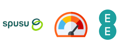 Speedometer flanked by spusu and EE logos