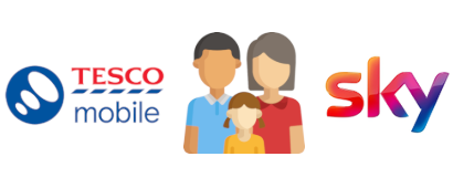 Family with Tesco Mobile and Sky logos