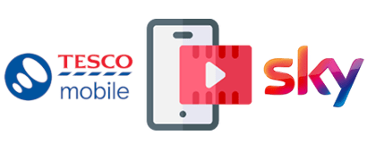 Smartphone with video streaming icon between Tesco Mobile and Sky logos