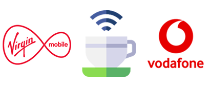 Virgin and Vodafone logos with coffee cup WiFi logo