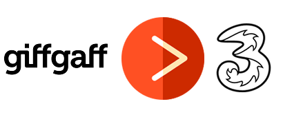 giffgaff logo, greater than symbol and Three's logo