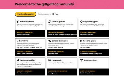 Screenshot of giffgaff's customer forum