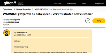 Screenshot of giffgaff speed complaints