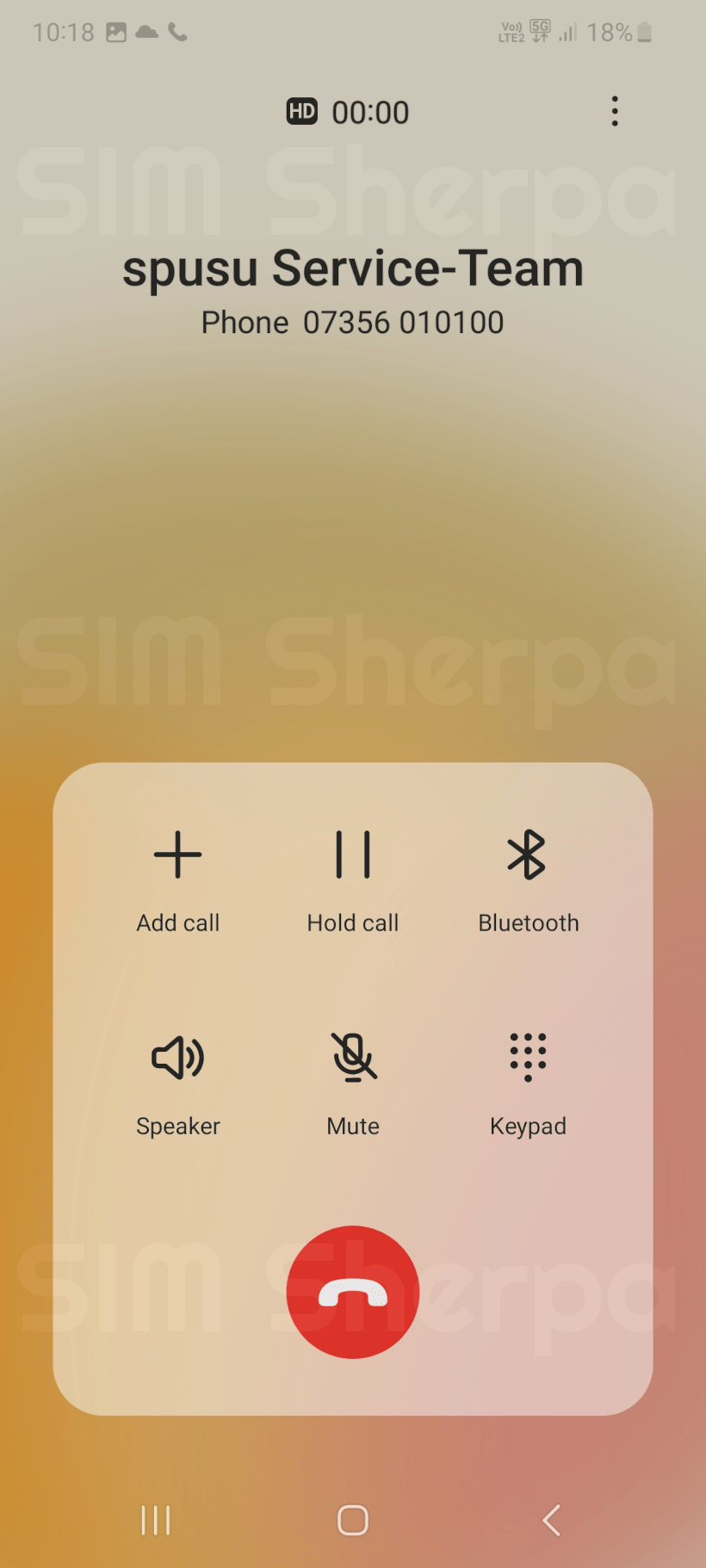 Screenshot of phone making an HD call on spusu