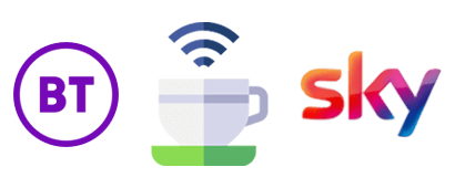 Coffee cup with WiFi symbol between BT and Sky logos