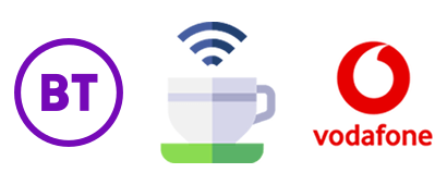 Coffee cup with WiFi symbol between BT and Vodafone logos