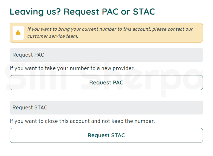 Screenshot of requesting a PAC or STAC from spusu