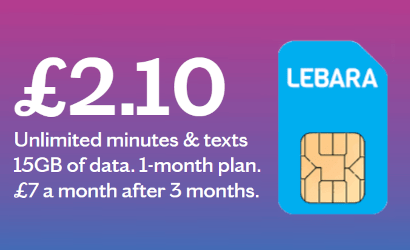 Lebara SIM card and large &pound;2.10 lettering