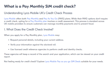 A screenshot of Lyca's credit check details page