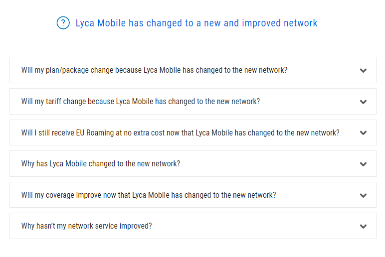 Screenshot of network FAQs