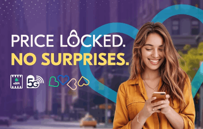 A woman looks pleased next to writing that says 'Price locked. No suprises.'