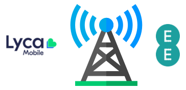 Mobile mast and EE and Lyca Mobile logos