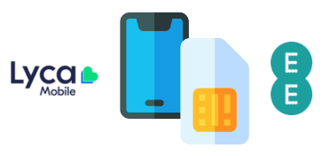 Lyca Mobile and EE logos with phone and SIM card icons