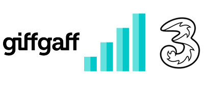 Mobile signal bars with giffgaff and Three logos