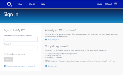 O2 Existing customer login screen