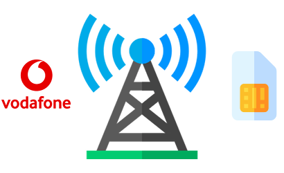 A network mast, Vodafone logo and SIM card
