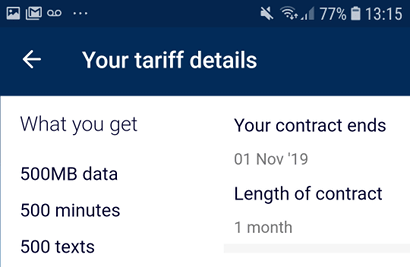 Screenshot of O2 contract end date