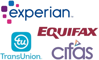 Logos of experian, Equifax, Cifas and TransUnion