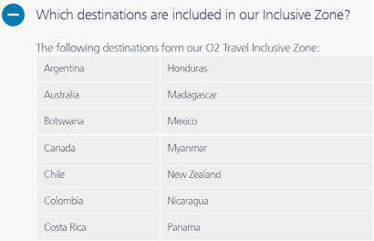O2's list of countries in their Travel Inclusive Zone