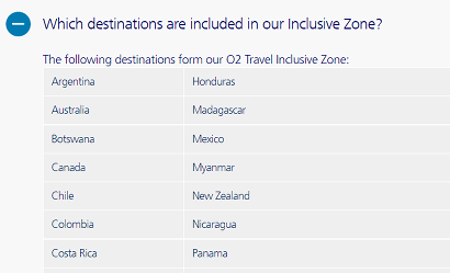 O2's travel inclusive zone list