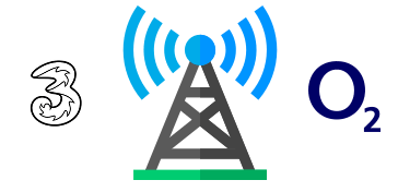 Mobile phone mast and O2 and Three logos