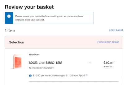 Screenshot of ordering the SIM on Three's website