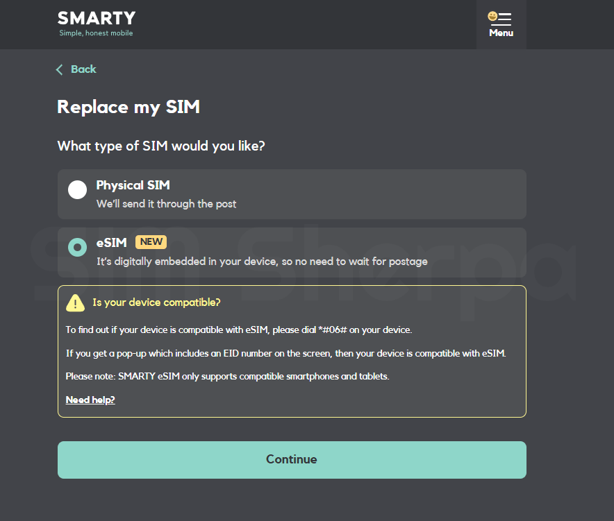 Screenshot of SMARTY eSIM swap page