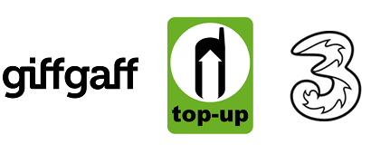 Pay as you go top up logo with Three and giffgaff logos