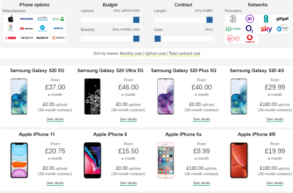 Screenshot of our phone comparison tool