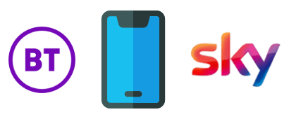 Smartphone between BT and Sky logos