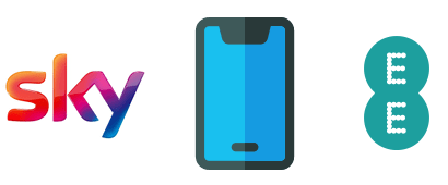 Smartphone between EE and Sky logos