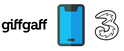 Phone icon with giffgaff and Three logos