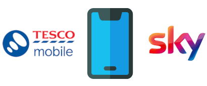 Smartphone between Tesco Mobile and Sky logos